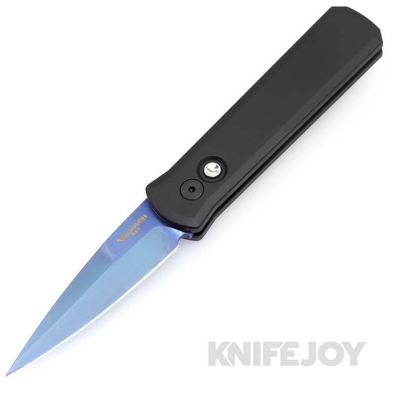 Pro-tech Knives 721-SB Auto Godson Sapphire Blue Blade with SOLID Black Aluminum Handles/ Abalone Button