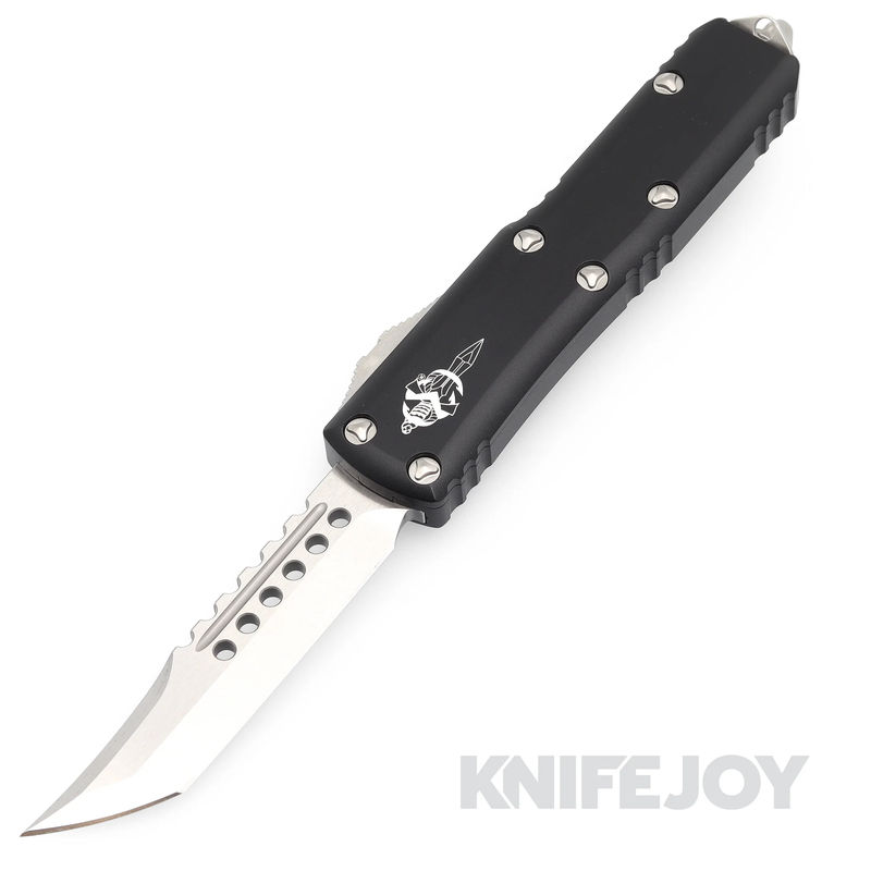 MICROTECH 719-10S UTX-85 OTF Auto Hellhound Signature Series Single Edge Stonewash Standard Blade with Black Aluminum Handles