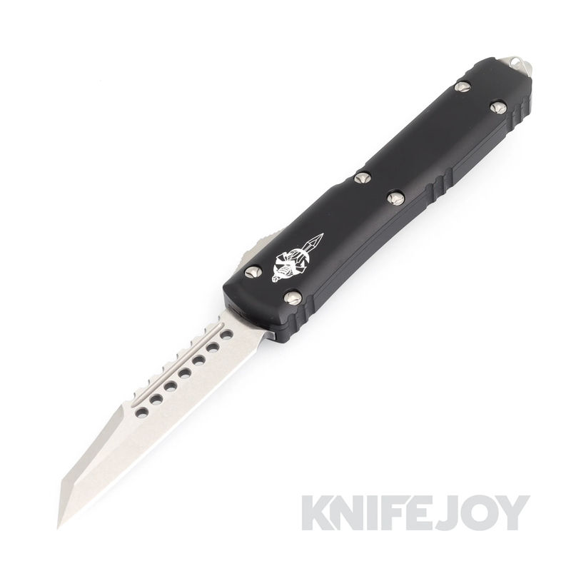MICROTECH 119W-10S Ultratech Warhound OTF Auto Signature Series Standard Wharncliffe Blade with Black Aluminum Handles