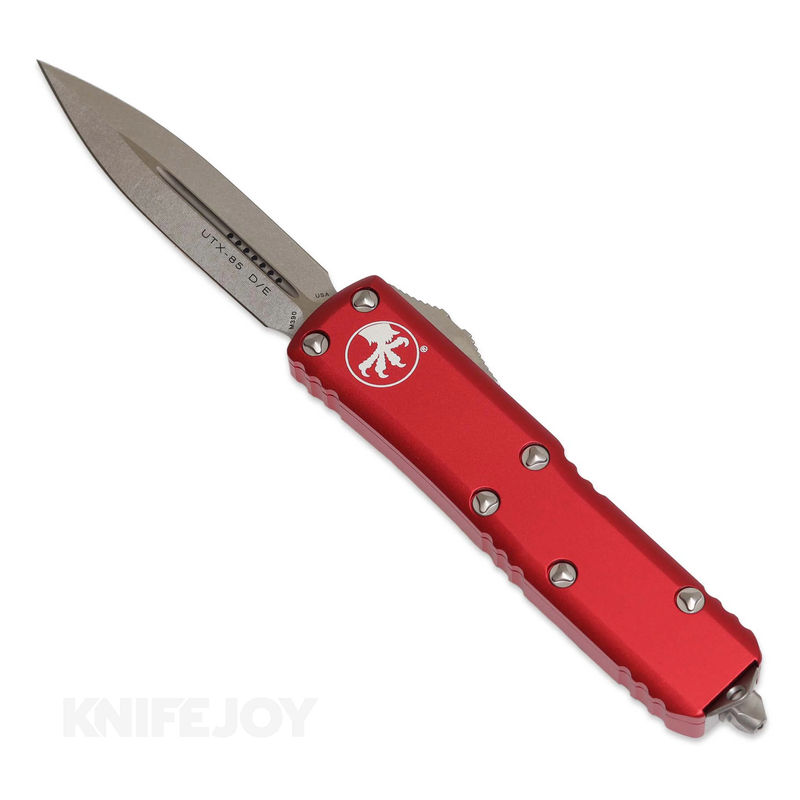 MICROTECH 232-10RD UTX-85 OTF Auto Double Edge Stonewash Blade with Red Aluminum Handles