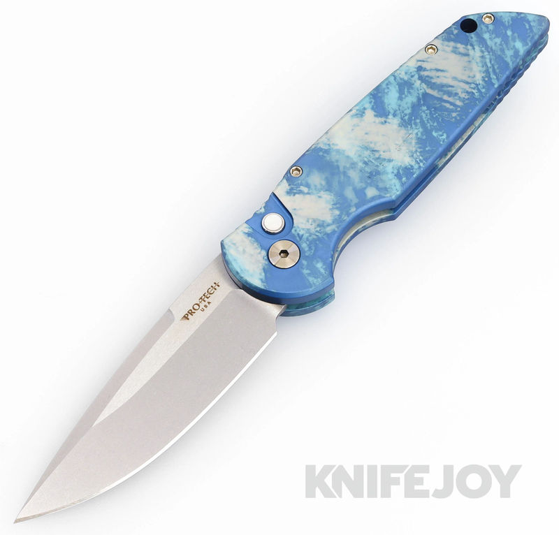 Pro-tech Knives TR 3 KnifeJoy Exclusive Auto with Stonewash 154CM Clip Point Blade with "Frostbite" Custom Anodized Aluminum Handles/ MOP Button/ Satin Hardware/ Blue Titanium Clip