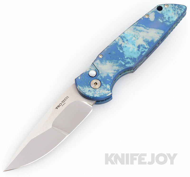 Pro-tech Knives TR 3 Auto KnifeJoy Exclusive 154CM Mike Irie Hand Ground Mirror Clip Point Blade with "Frostbite" Custom Anodized Aluminum Handles/ MOP Button/ Satin Hardware/ Blue Titanium Clip