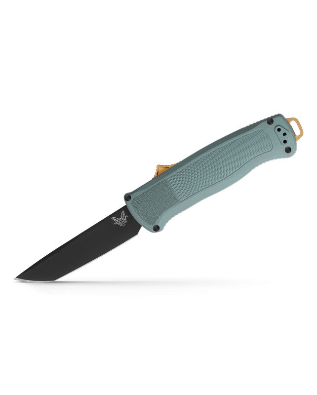 Benchmade 5370BK-07 OTF Shootout Auto CPM-CruWear Black DLC Finish Tanto Blade with Sage Green Grivory Handles