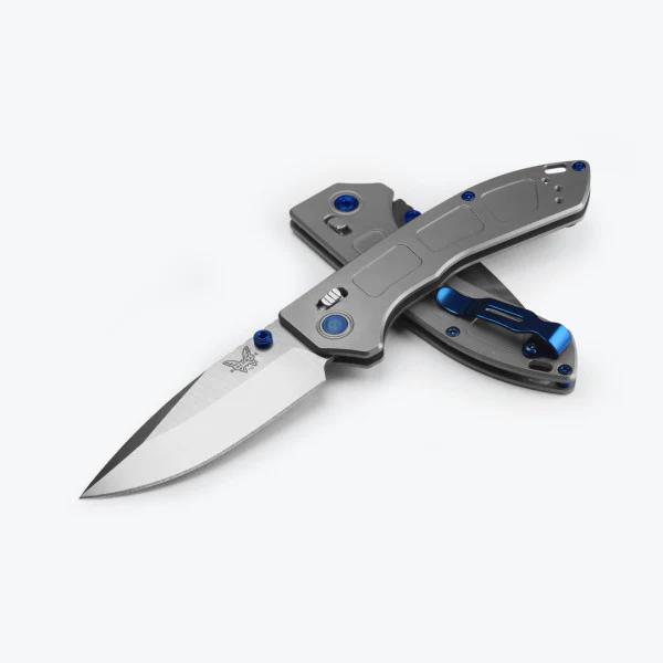 Benchmade 743 Mini Narrows Axis Lock Knife Drop Point Stainless Steel Blade with Rigid Titanium Handles/ Sapphire Blue PVD Hardware