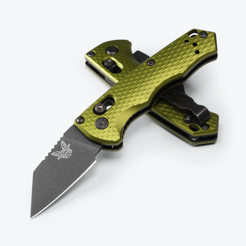 Benchmade 2950BK-2 Partial Auto Full Immunity AXIS Lock Knife CPM-M4 Cobalt Black Wharncliffe Blade with Woodland Green Anodized Aluminum Handles