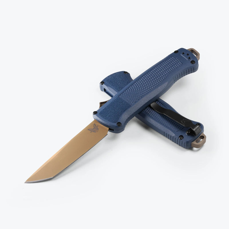 Benchmade 5370FE-01 OTF Shootout Auto CPM-CruWear Flat Dark Earth Tanto Blade with Crater Blue Grivory Handles