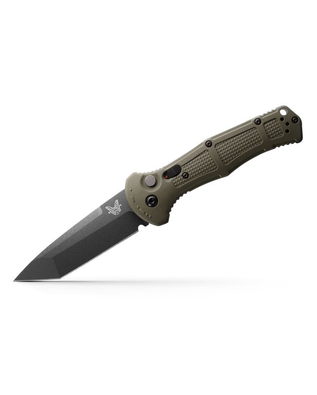 Benchmade 9071BK-1 Claymore Auto Tanto Cobalt Black Plain Edge Blade with Ranger Green Grivory Handles