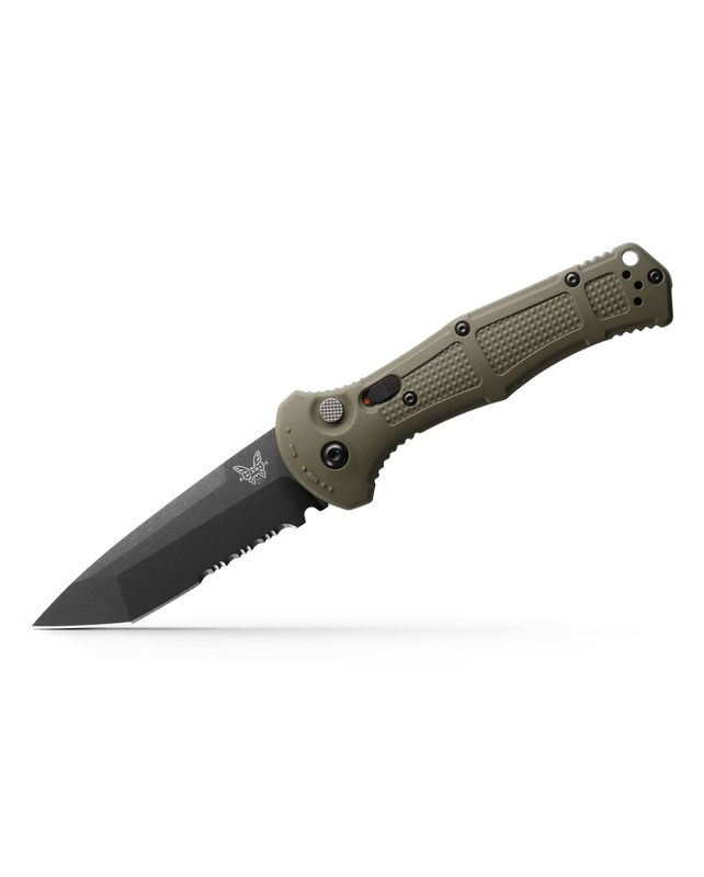 Benchmade 9071SBK-1 Claymore Auto Tanto Cobalt Black Serrated Edge Blade with Ranger Green Grivory Handles