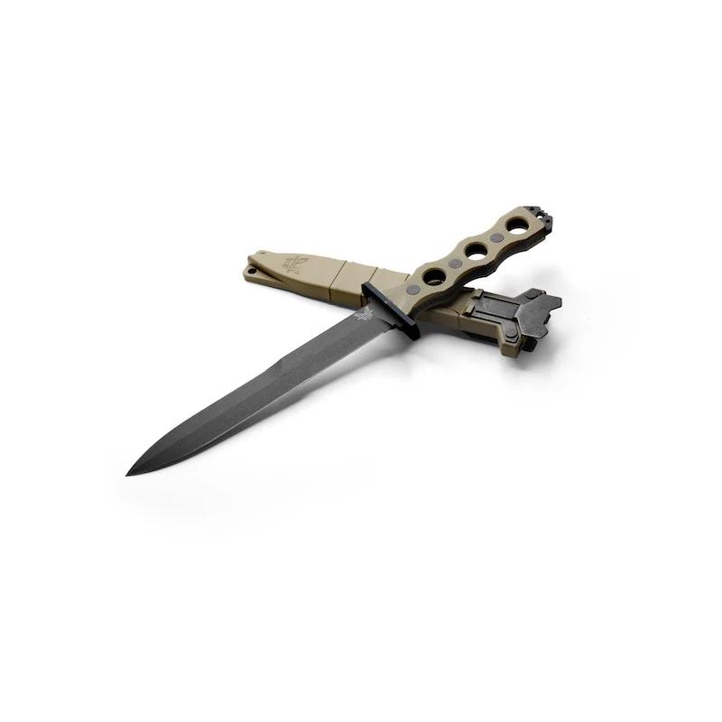 Benchmade 185BK-1 SOCP Fixed Blade Double Edge Dagger 3V Cobalt Black Blade with Desert Tan G10 Handles