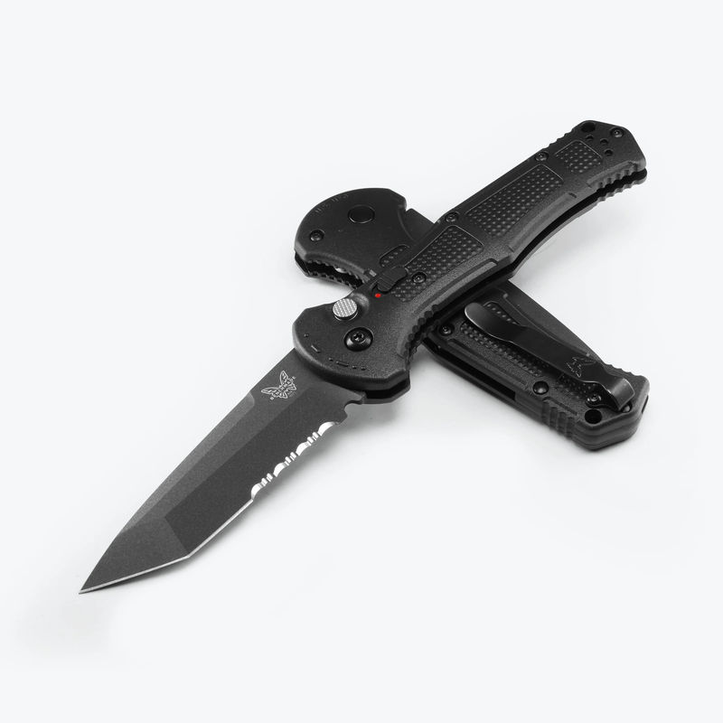 Benchmade 9071SBK Claymore Auto Tanto Cobalt Black Serrated Edge Blade with Black Grivory Handles