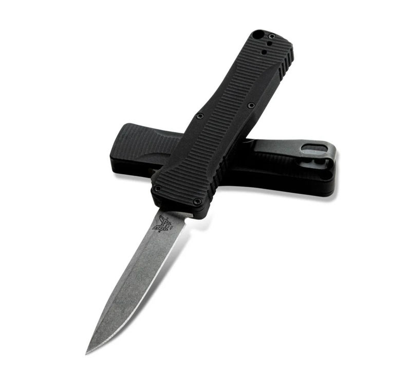 Benchmade OM 4850 D/A Micro-OTF Automatic Knife Satin Clip Point Blade with Black Aluminum Handles