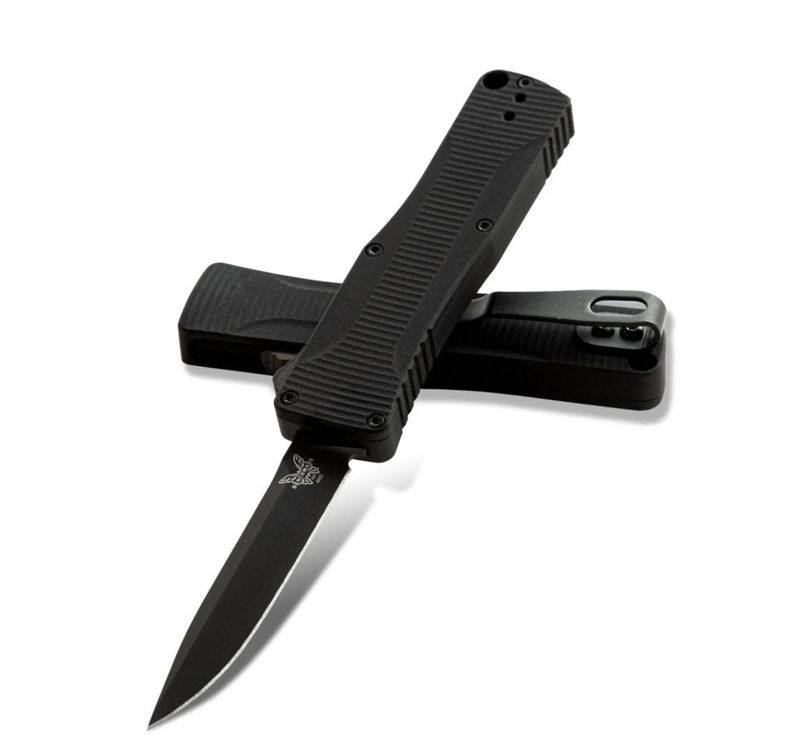Benchmade OM 4850BK D/A Micro-OTF Automatic Knife DLC Clip Point Blade with Black Aluminum Handles