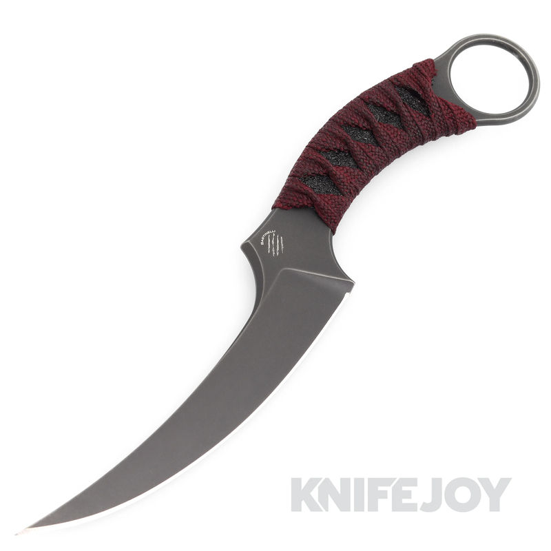 Bastinelli Knives/ Creations Mako Fixed Blade Black PVD Stonewashed Blade with Custom Red Tsukamaki Handle Wrap