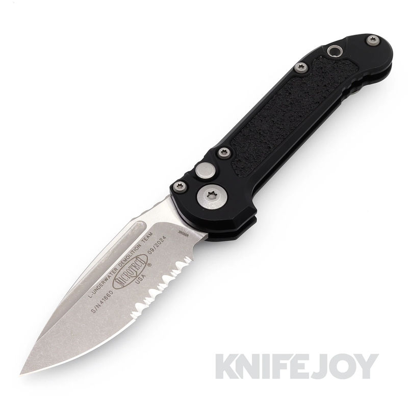 MICROTECH 1135-11AP Auto L.U.D.T. GEN III Auto Apocalyptic Partially Serrated Blade with Black Textured Aluminum Handles