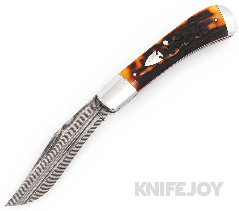Crouch Knives Custom Single Blade Trapper Vegas Forge Carbon Herring Bone Damascus Blade with Amber Stage Handles