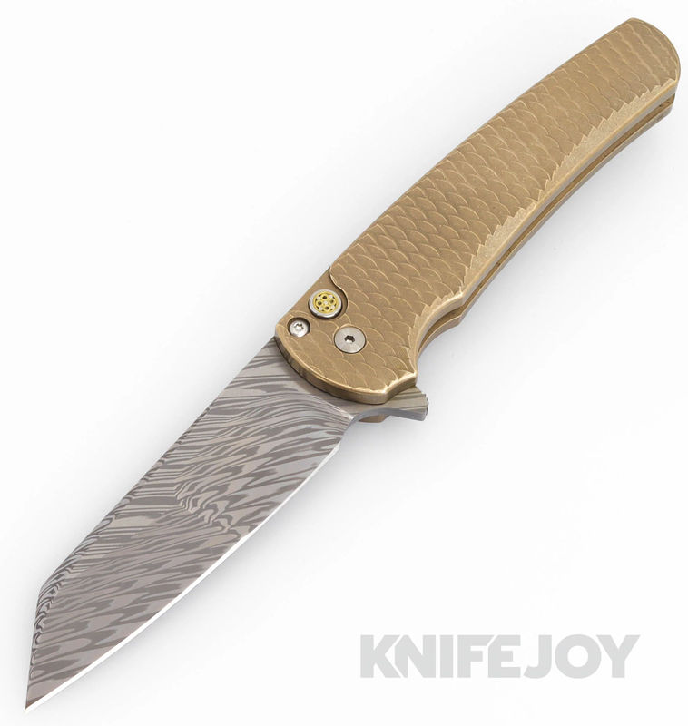 Pro-tech Knives PTMALIBU-ATL24-CUSTOMDISTR Malibu Flipper Blade Show Atlanta 2024 Mike Irie Compound Damasteel Distressed Reverse Tanto Blade with AlBronze Dragon Scale Handles/ Mosaic Pin Button/ Satin Hardware