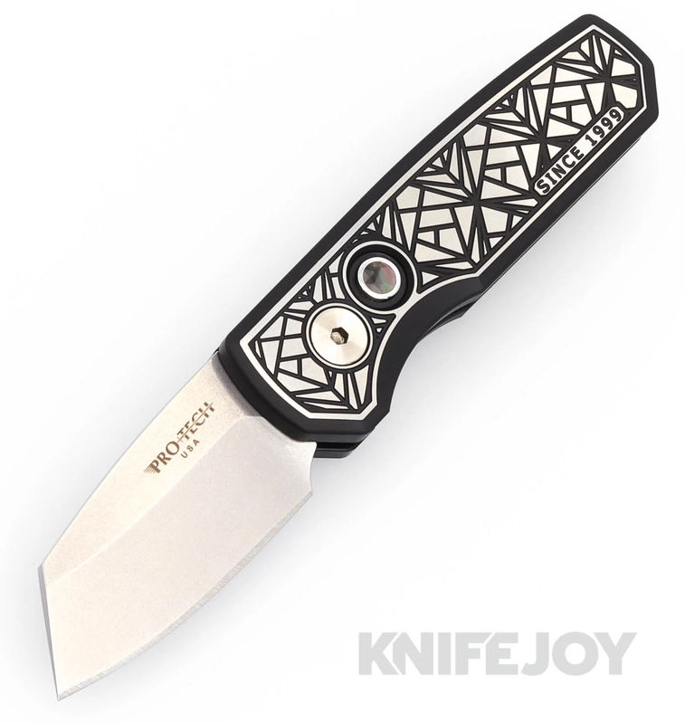 Pro-tech Knives PTR-RUNT5-BSA-004 Auto Runt 5 Atlanta Blade Show 2024 Stonewash Reverse Tanto Blade with DLC/Satin Nexus Steel Handles/ Pearl Button