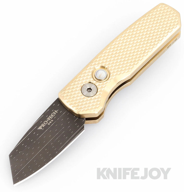 Pro-tech Knives PTR-RUNT5-BSA-STARFIRE Auto Runt 5 Atlanta Blade Show 2024 Reverse Tanto Nichols "Star Fire" Damascus Blade with AlBronze Textured Handles