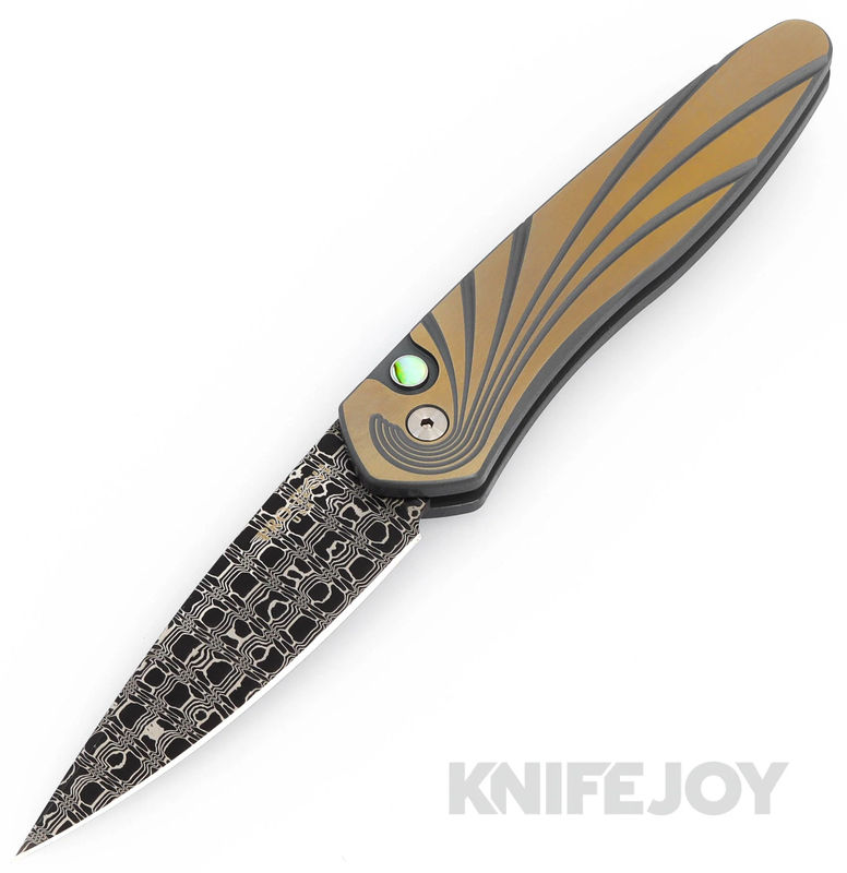Pro-tech Knives PT-NEWPORT24-001 Auto Newport Auto Folder Vegas Forge Carbon Reptilian Damascus Blade with Green/ Bronze Wave Titanium Handles/ Abalone Button/ Green Clip