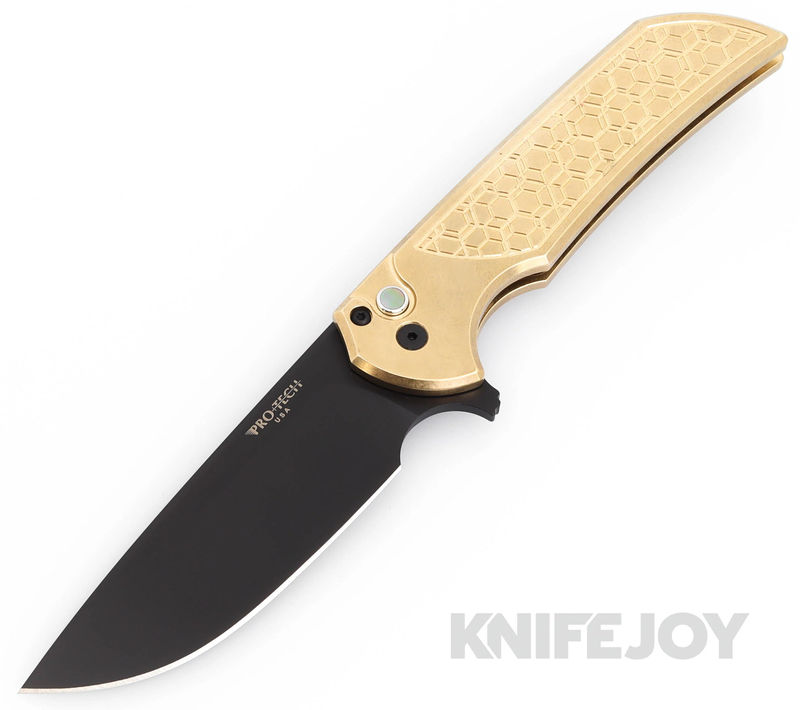Pro-tech Knives PTMXATL24-GRIDLOCK Mordax Blade Show Atlanta 2024 Flipper DLC Magnacut Blade with Stonewash AlBronze Gridlock Textured Handles/ MOP Push Button
