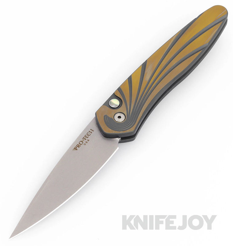 Pro-tech Knives PT-NEWPORT24-002 Auto Newport Auto Folder Stonewash Blade with Green/ Bronze Wave Titanium Handles/ Abalone Button/ Green Clip