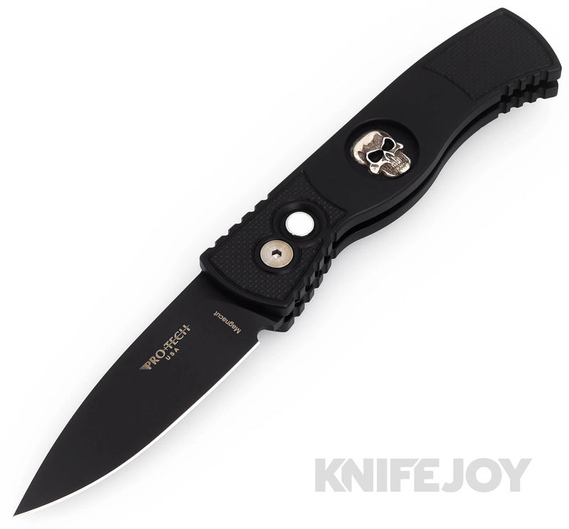 Pro-tech Knives PTTR-2SKULL-BSA24 Auto Tactical Response 2 Black Magnacut Blade with Steriling Silver Shaw Skull/ Textured Black Aluminum Handles/ MOP Button