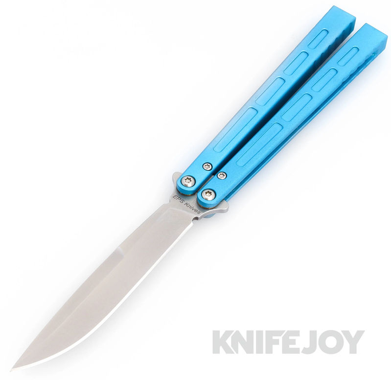 EPS Knives 101 Butterfly Balisong Weehawk Knife Plain Stonewash Blade with Blue Anodized Aluminum Handles