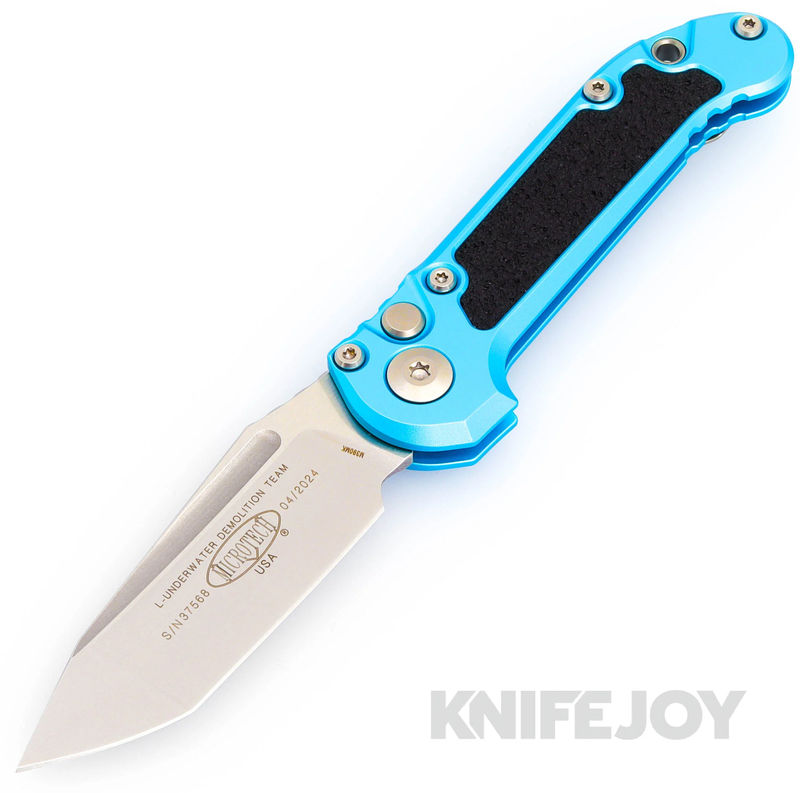 MICROTECH 1136-10TQ Auto L.U.D.T. GEN III Auto Tanto Edge Stonewash Standard Blade with Turquoise Aluminum Handles