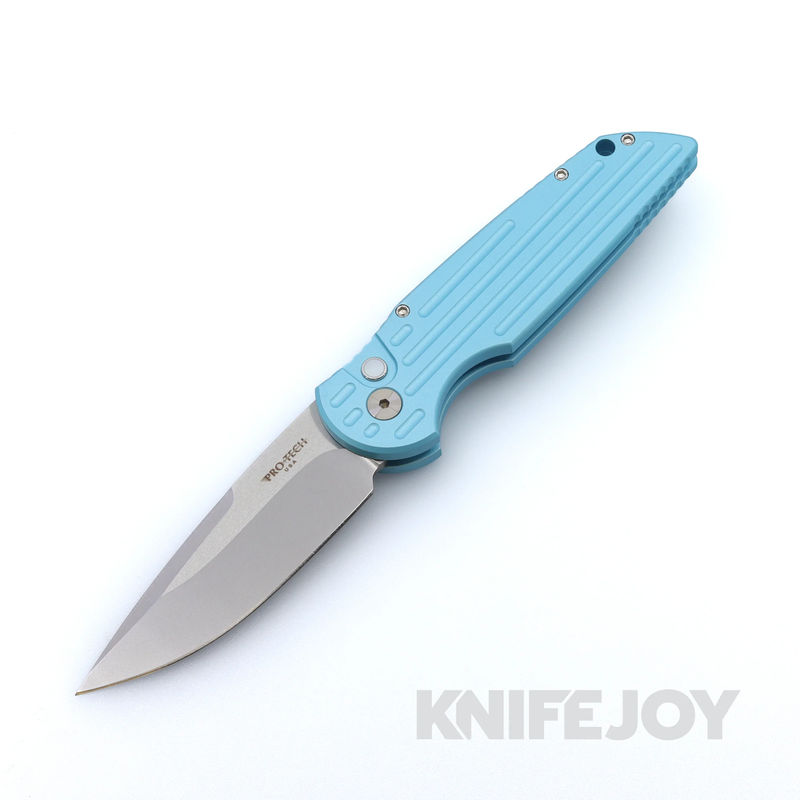 Pro-tech Knives TR-3 LTD T. BLUE Knife with Stonewash 154CM Blade and Turquoise Handle with Grooves / Pearl Button / Satin Hardware / Polished Clip