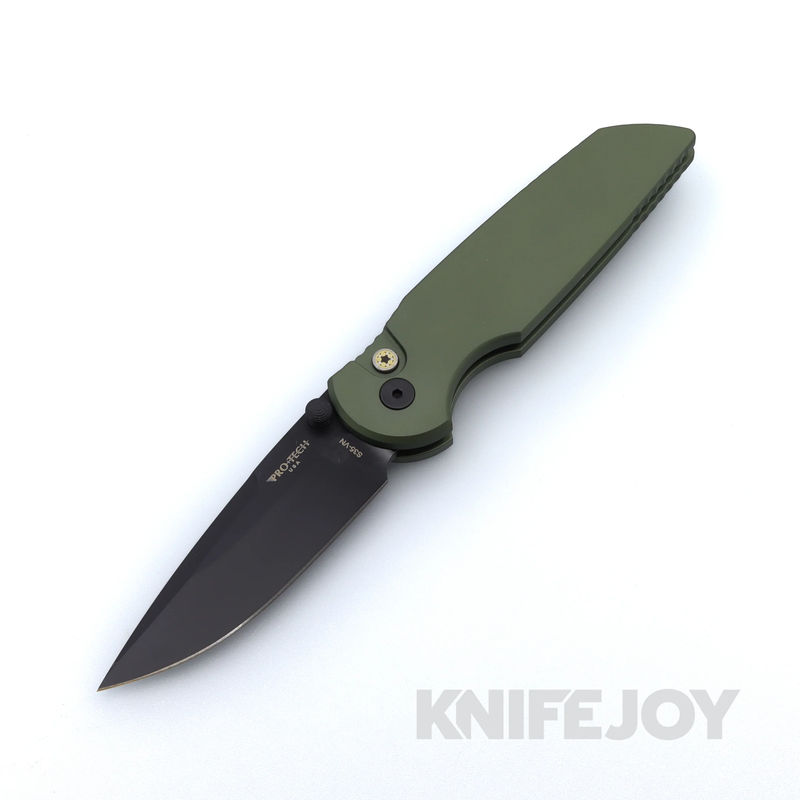 Pro-tech Knives BLADE TX INT.1 TR-3 Integrity Double Thumbstud DLC S35VN Blade with Solid Green Handles / Mosaic Pin Button / Black Hardware and Deep Carry Clip