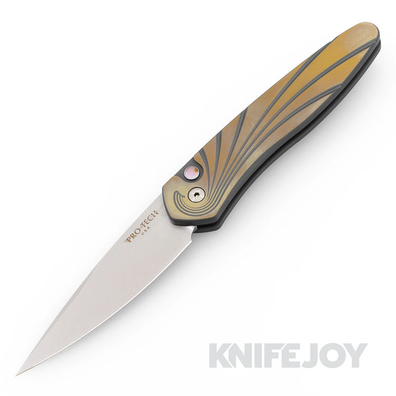 Pro-Tech Knives 2024 Newport Custom 002 2-Tone Green and Bronze Titanium, S35-VN Blade, Alabone Button, Titanium Clip