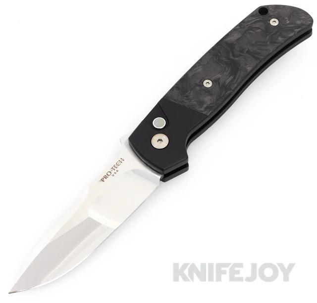 Pro-Tech Knives 2024 Terzuola ATCF Custom 003 Auto - Black Aluminum & "Dark Matter" Fat Carbon Fiber Inlays Black Lip Pearl Button, Mike Irie Mirror Polished Polished Blade, 3D Milled Titanium Clip