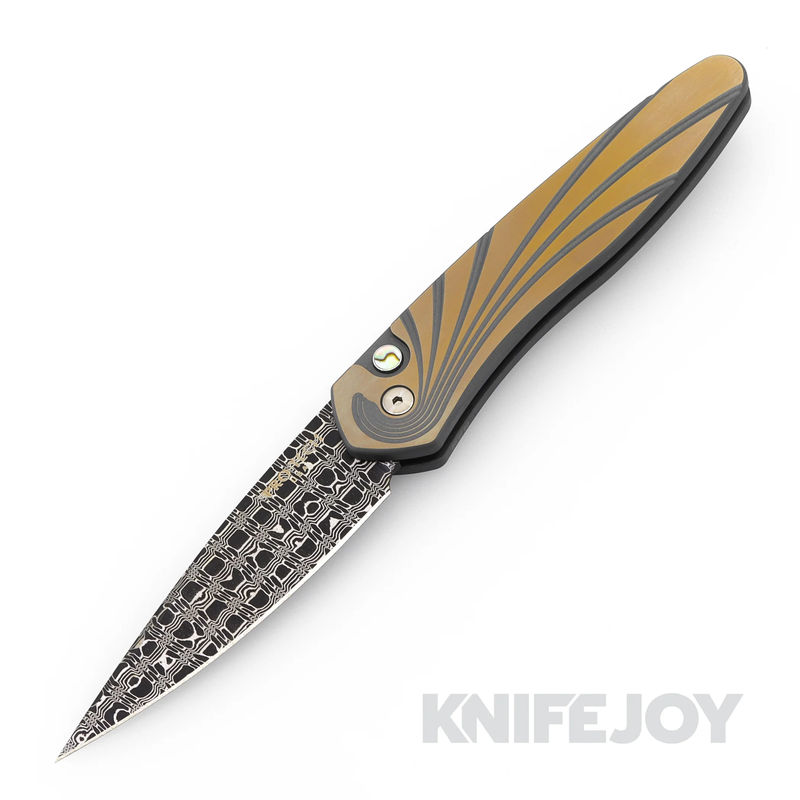 Pro-Tech Knives 2024 Newport Custom 001 2-Tone Green and Bronze Titanium, Damascus Blade, Alabone Button, Titanium Clip