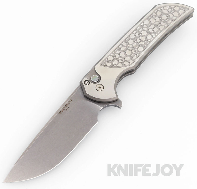 Pro-tech Knives BLADE WEST Mordax Custom Stonewash Magnacut Blade with Stainless Steel 2-Tone Gridlock Handles/ Pearl Button