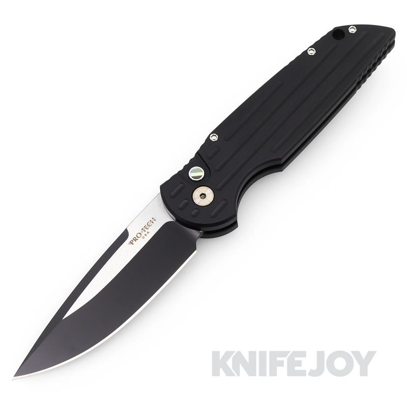 Pro-tech Knives BLADEWEST 2024 TR-3 Black Handle with Grooves, Abalone Button and Two-Tone Magnacut Blade