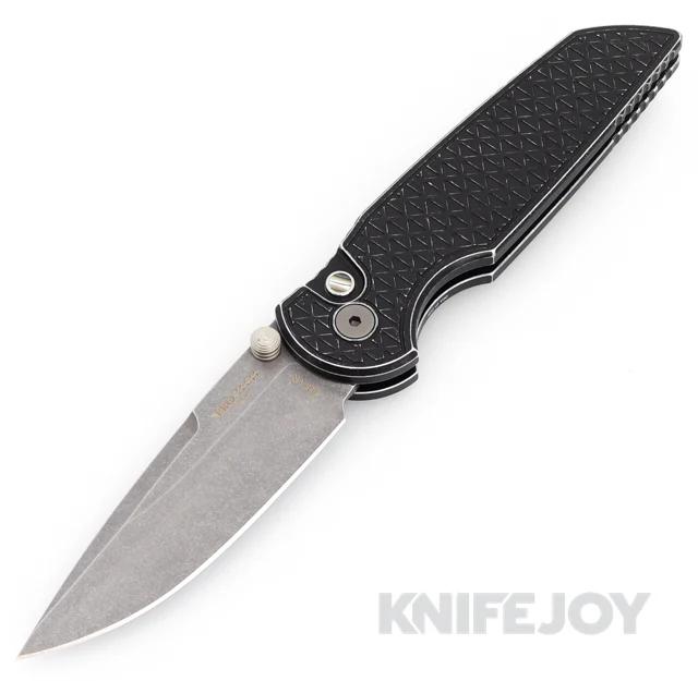 Pro-tech Knives BLADEWEST 2024 Integrity Double Thumbstud Acidwashed S35VN Blade with Relic Textured Battle-Worn Black Handles/ Abelone Button/ Deep Carry Clip