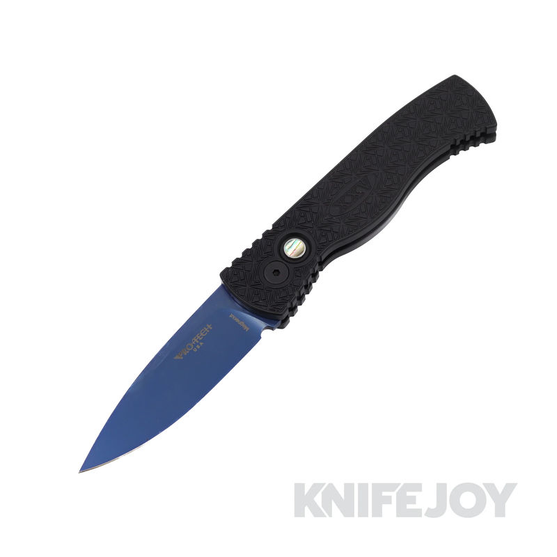 Pro-tech Knives Tactical Response 2 NEXUS Textured Black Handle, Sapphire Blue Magnacut Blade, Abalone Button, DLC Black Wide Deep Carry Clip