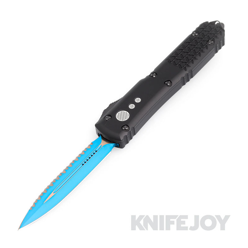 MICROTECH 122-3JK Ultratech OTF Auto Double Edge JK Blue Full Serrated Blade with Black Aluminum Handles
