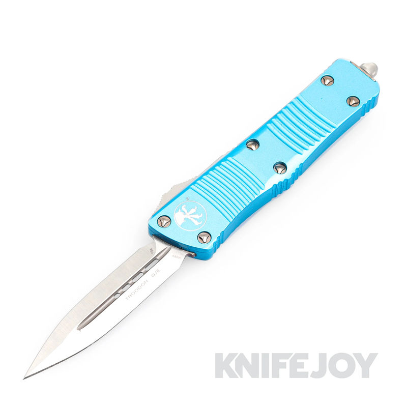 MICROTECH 138-4TQ Troodon OTF Auto Double Edge Satin Standard Blade with Turquoise Aluminum Handles