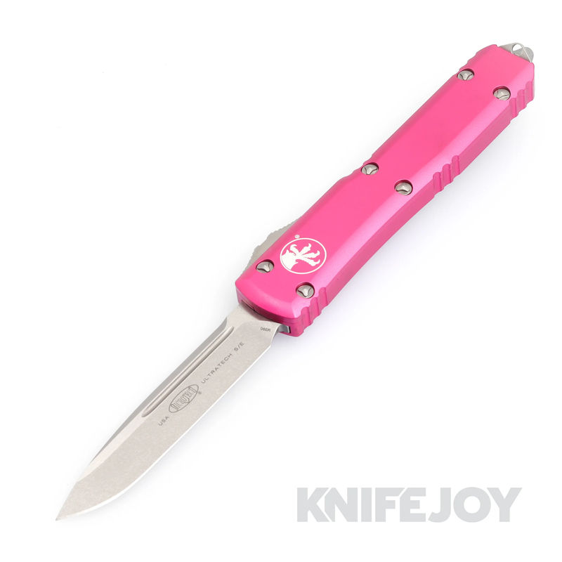 MICROTECH 121-10PK Ultratech OTF Auto Stonewash Drop Point Standard Blade with Pink Aluminum Handles