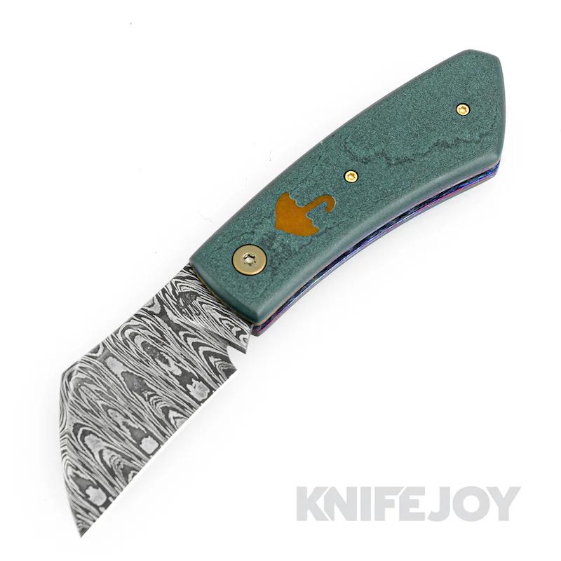 Rainy Day Knives Watch Pocket SlipJoint Knife Damascus Blade with Smooth Green Handles