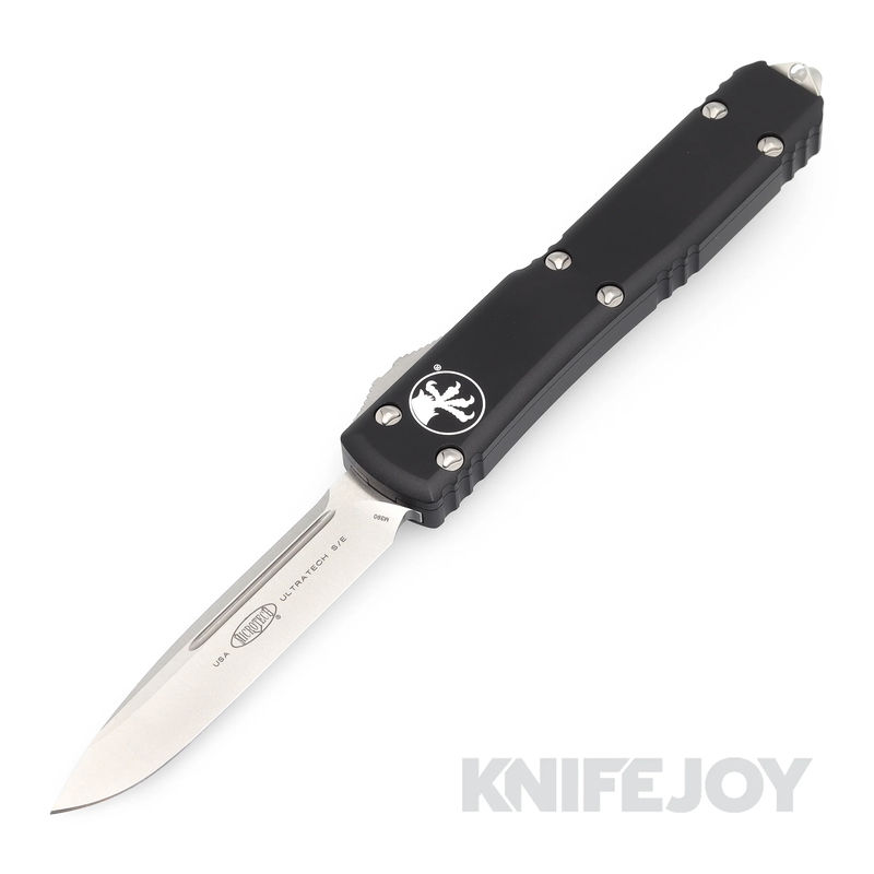MICROTECH 121-10 Ultratech OTF Auto Single Edge Stonewash Drop Point Standard Blade with Black Aluminum Handles