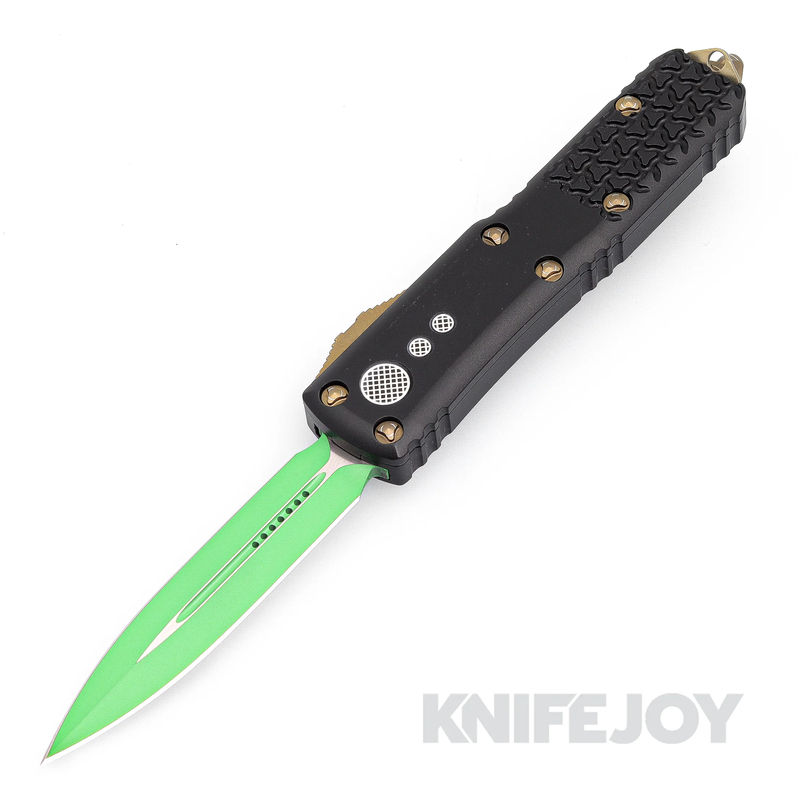 MICROTECH 232-1JM UTX-85 II OTF Auto Signature Series Double Edge Jedi Master/ Green Standard Blade with Bronze Hardware/ Black Aluminum Chassis Handles