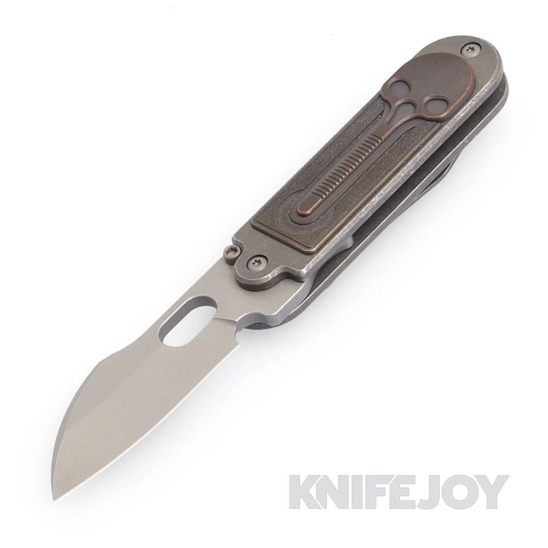 Serge Knives Bean Midtech Harpoon Nitro-v Blade with Brass Inlays/ Copper Skull/ Titanium Handles