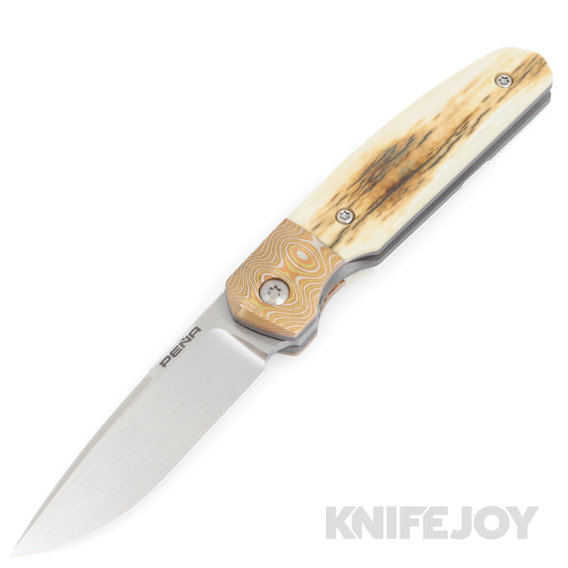 Enrique Pena Custom Front Flipper Caballero Knife Plain Satin Blade with Ivory Scales/ Mokume Bolsters/ Dark Ti Clip