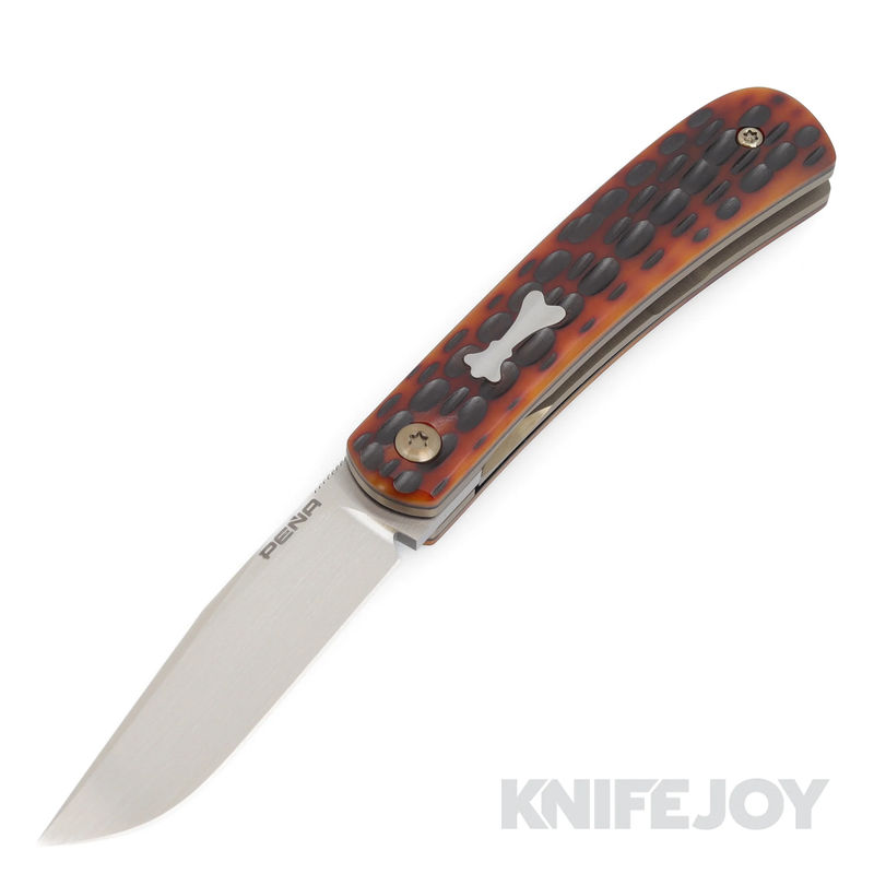 Enrique Pena Custom Front Flipper Trapper Knife Plain Satin Blade with Jigged Bone Scales