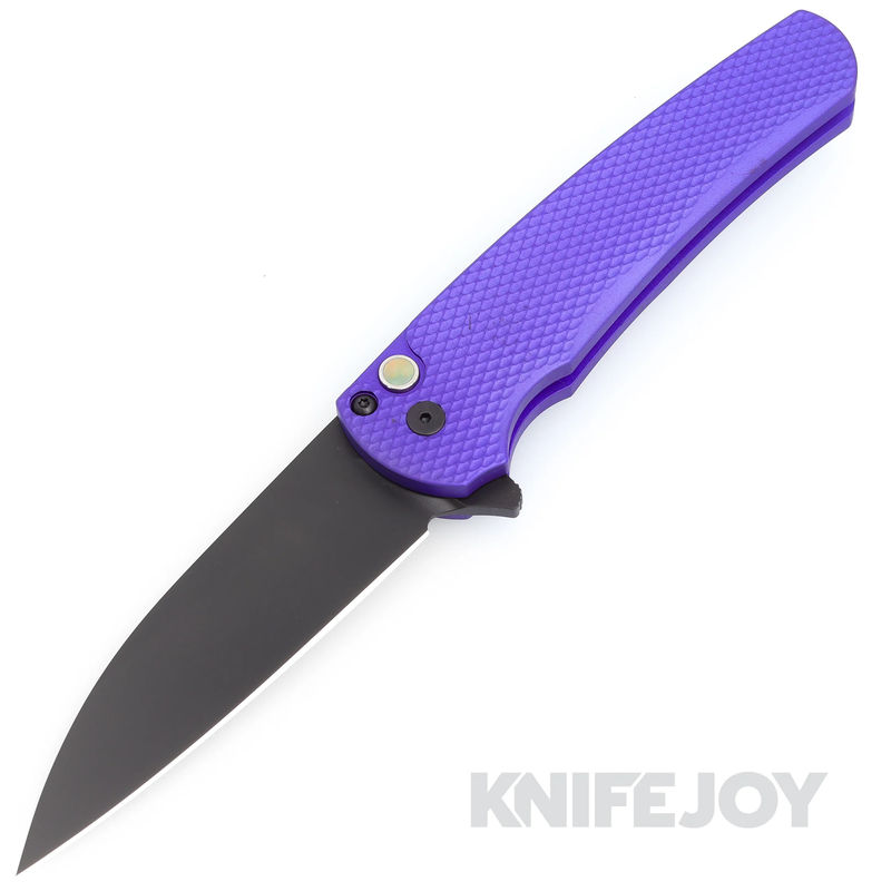 Pro-tech Knives PT-2023BSWESTMALIBU Malibu Flipper DLC Black Magnacut Wharncliffe Blade with Purple Textured Handles/ Black Pearl Button