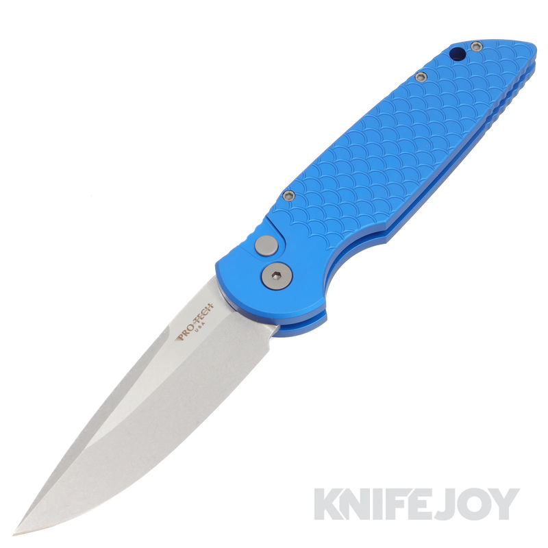 Pro-tech Knives PTTR-3X1SW-BLUE LTD Tactical Response 3 Auto Folder Plain Edge Clip Point Blade with Fish Scale Engraved Blue Aluminum Handle
