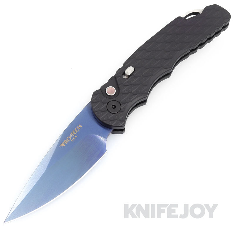 Pro-tech Knives Blade Show West 2023 PTTR-5BSW23-SB Tactical Response 5 Auto Folder Plain Edge Sapphire Blue Blade with Feather Textured Black Handle/ White Pearl Button
