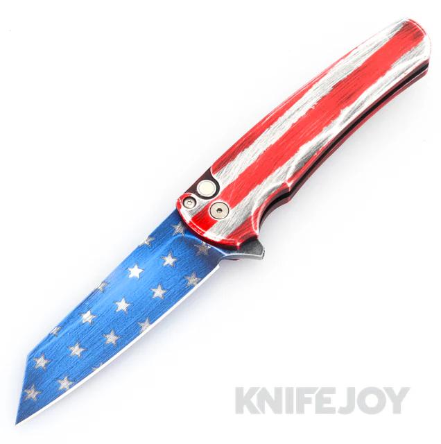 Pro-tech Knives PT-5401-PATRIOT Malibu Flipper Patriot Magnacut Reverse Tanto Blade with Patriot-themed Handles/ Mother of Pearl Button
